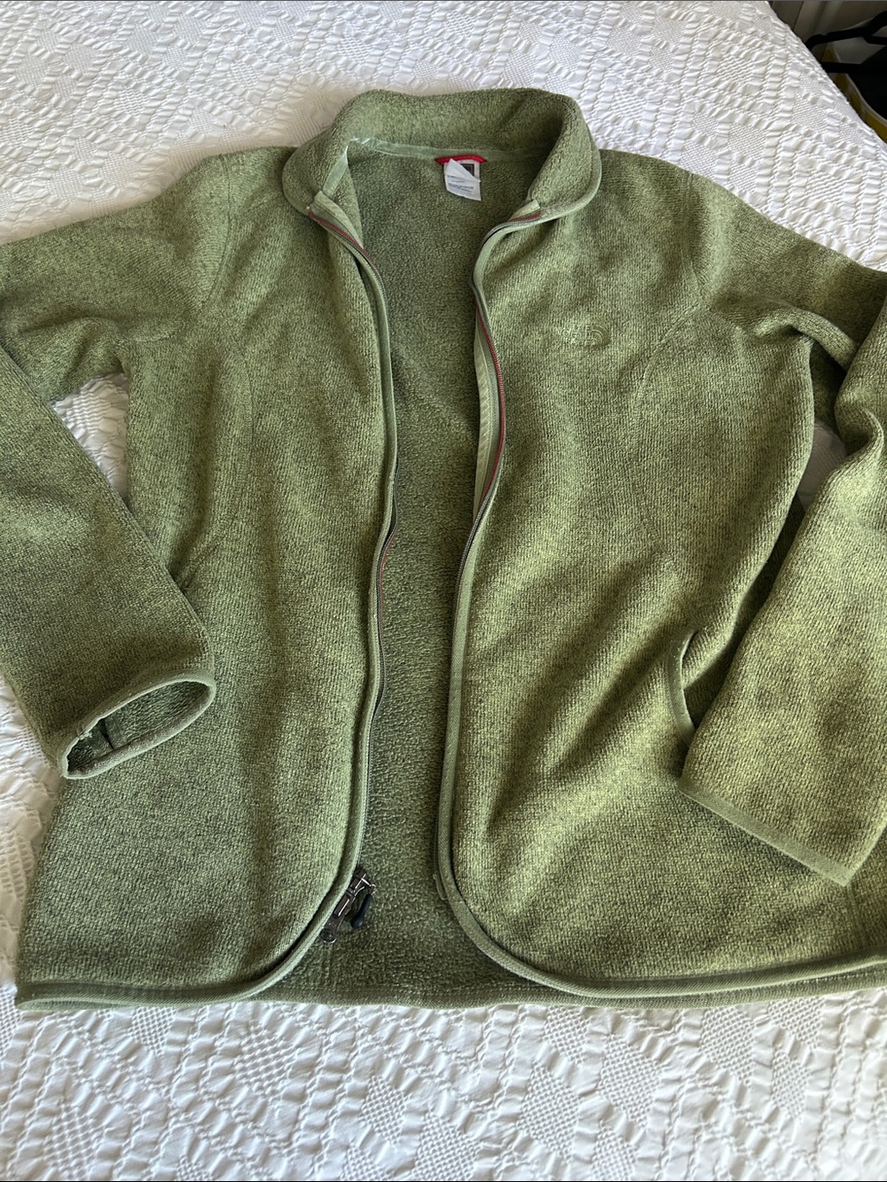 The North Face Olive Green Fleece Jacket with Red Accents